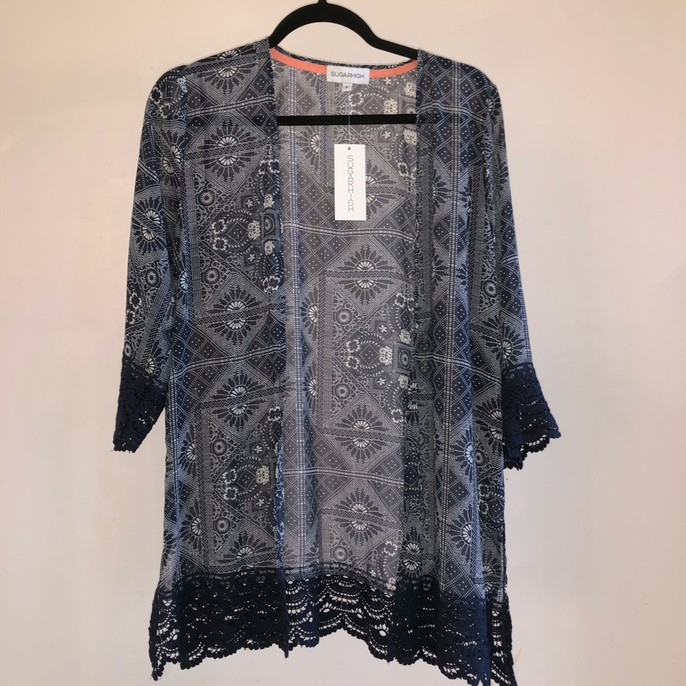 NWT Sheer blue cardigan with lace detailing size S